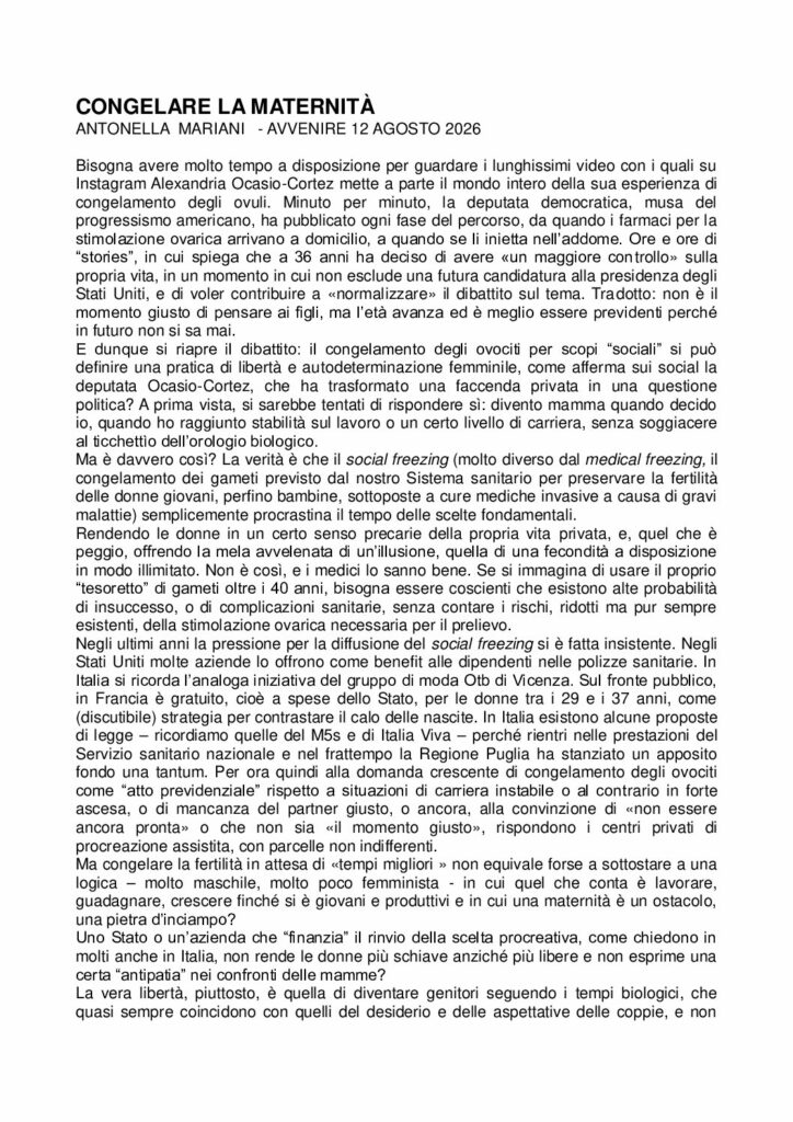 Mariani: CONGELARE LA MATERNITÀ – Avvenire