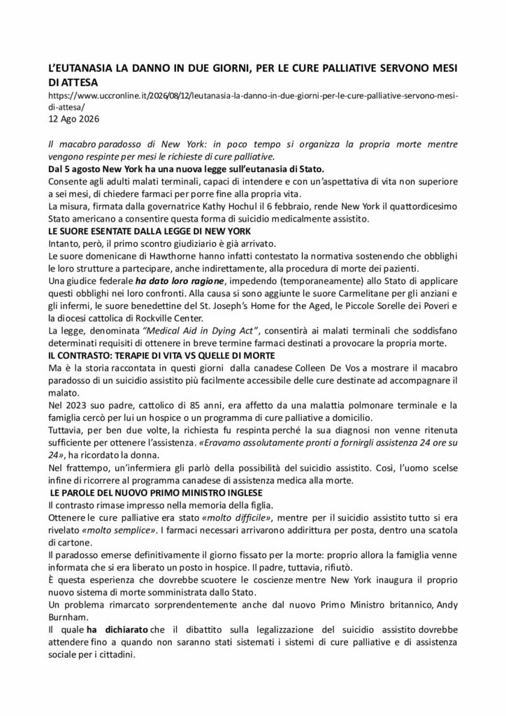 UCCR: L’EUTANASIA LA DANNO IN DUE GIORNI, PER LE CURE PALLIATIVE SERVONO MESI DI ATTESA – uccronline.it