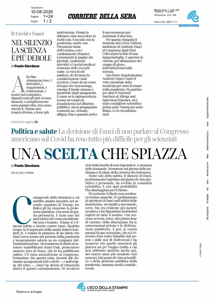 Giordano: NELSILENZIO LA SCIENZA È PIÙ DEBOLE – Corriere della sera