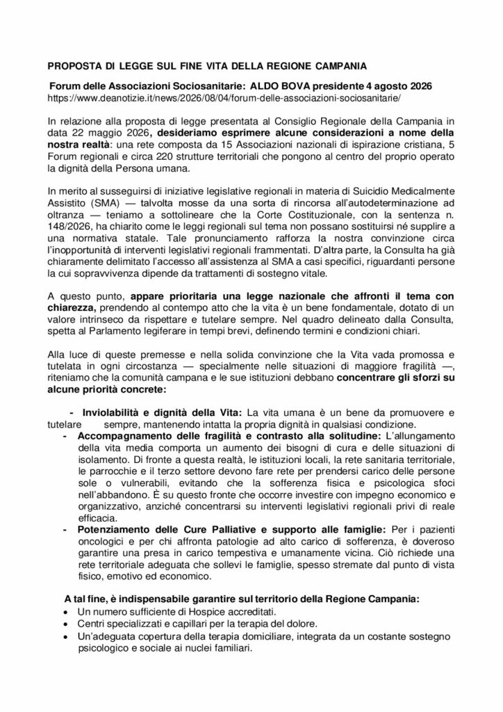 Bova: PROPOSTA DI LEGGE SUL FINE VITA DELLA REGIONE CAMPANIA – deanotizie.it