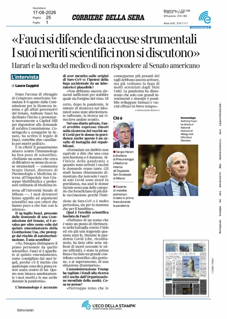 Cuppini: Harari «Fauci si difende da accuse strumentali I suoi meriti scientifici non si discutono» – Corriere della sera