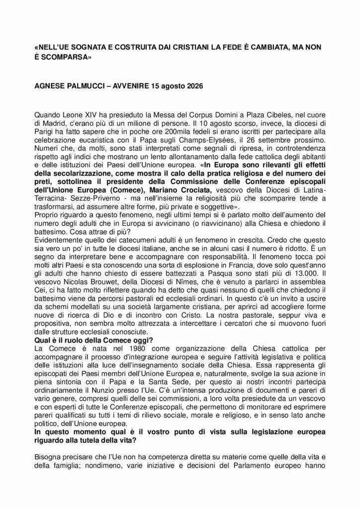 Palmucci: «NELL’UE SOGNATA E COSTRUITA DAI CRISTIANI LA FEDE È CAMBIATA, MA NON È SCOMPARSA» – Avvenire