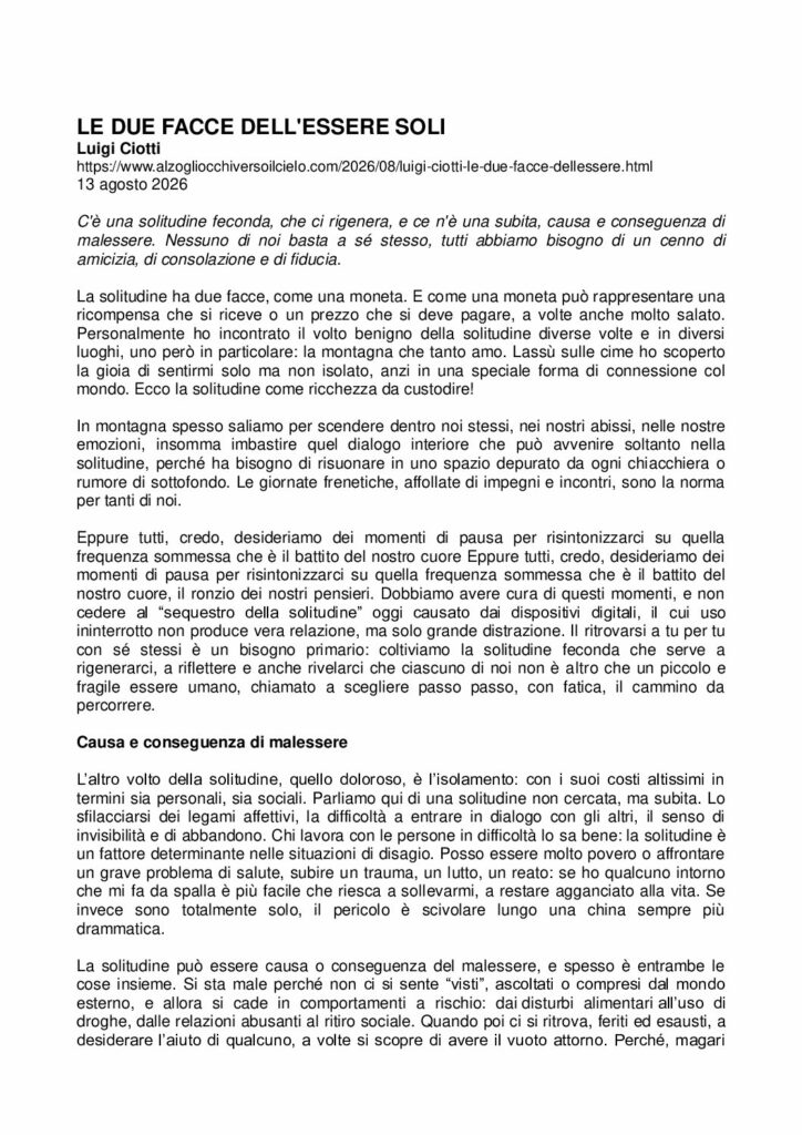 Ciotti: LE DUE FACCE DELL’ESSERE SOLI – alzogliocchiversoilcielo.com