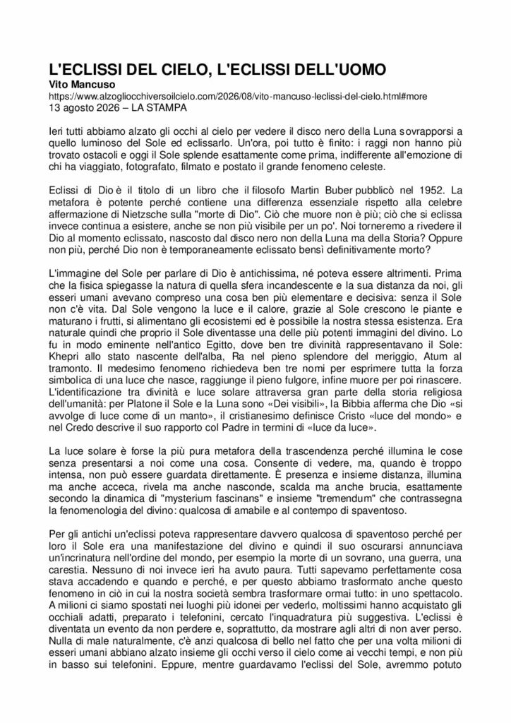 Mancuso: L’ECLISSI DEL CIELO, L’ECLISSI DELL’UOMO – alzogliocchiversoilcielo.com