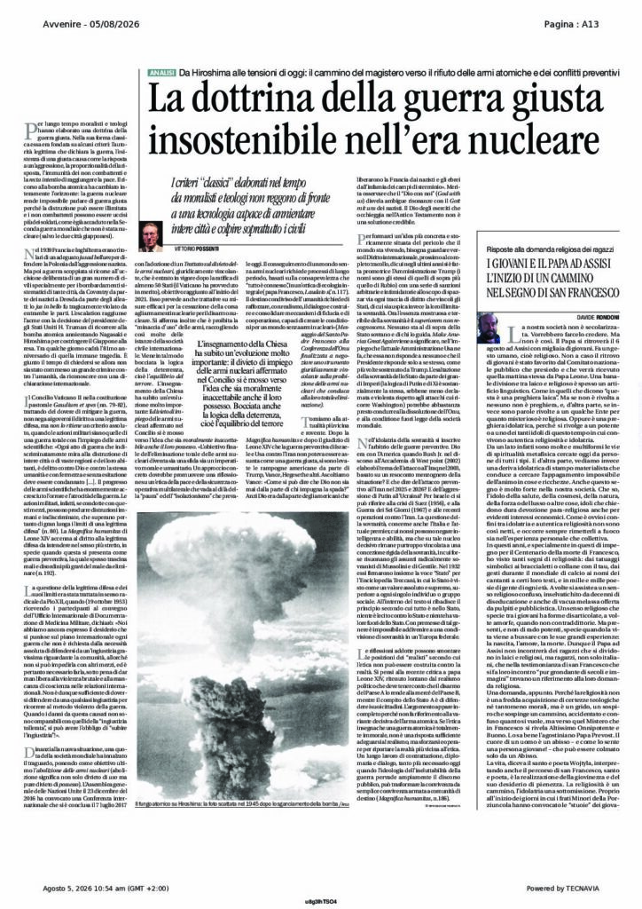 Possenti: La dottrina della guerra giusta insostenibile nell’era nucleare – Avvenire
