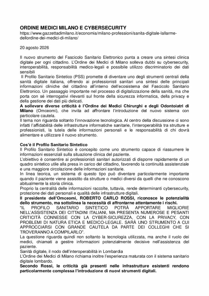 Ordine Medici Milano: ORDINE MEDICI MILANO E CYBERSECURITY – gazzettadimilano.it