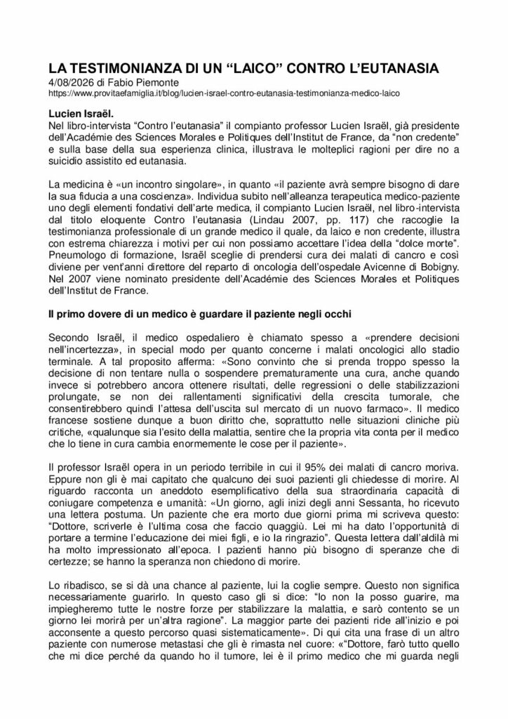 Israël: LA TESTIMONIANZA DI UN “LAICO” CONTRO L’EUTANASIA – provitaefamiglia.it
