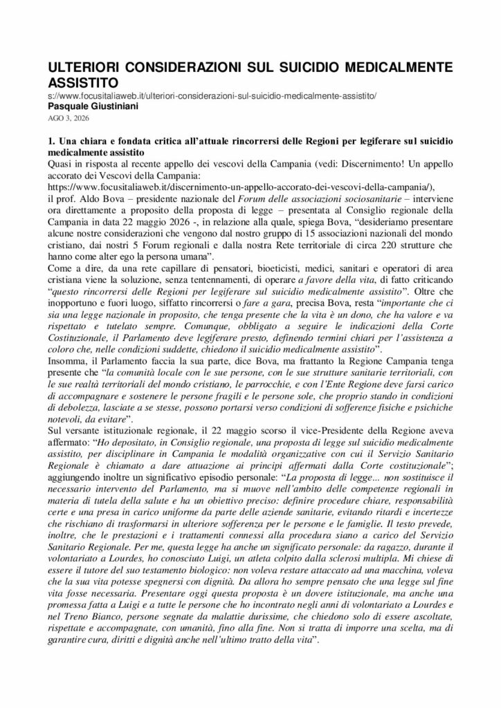 Giustiniani: ULTERIORI CONSIDERAZIONI SUL SUICIDIO MEDICALMENTE ASSISTITO – focusitaliaweb.it
