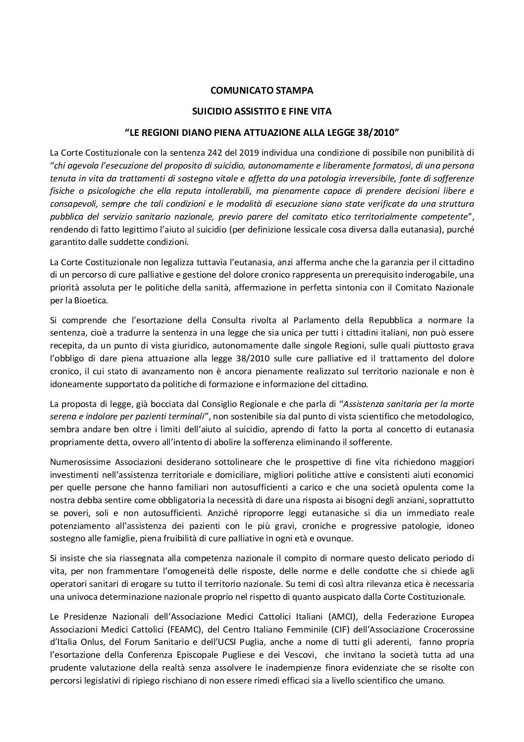 AMCI, FEAMC, CIF, Forum Socio-Sanitario, UCSI PUGLIA, Associazione Crocerossine d’Italia Onlus – SUICIDIO ASSISTITO E FINE VITA “LE REGIONI DIANO PIENA ATTUAZIONE ALLA LEGGE 38/2010”