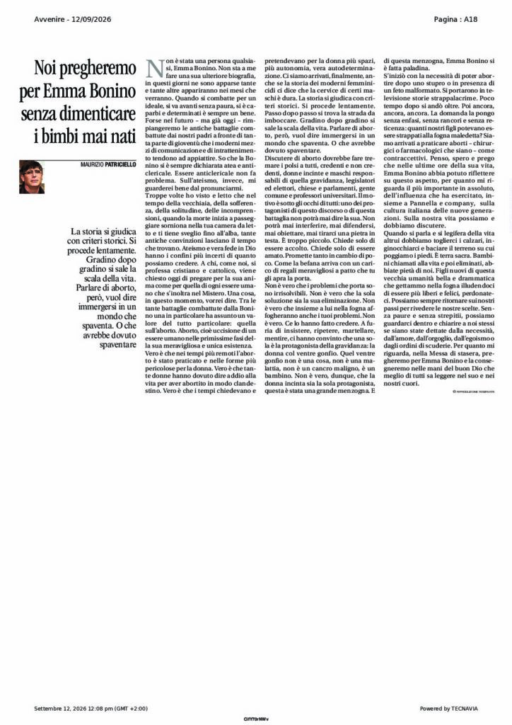 Patriciello: Noi pregheremo per Emma Bonino senza dimenticare i bimbi mai nati – Avvenire