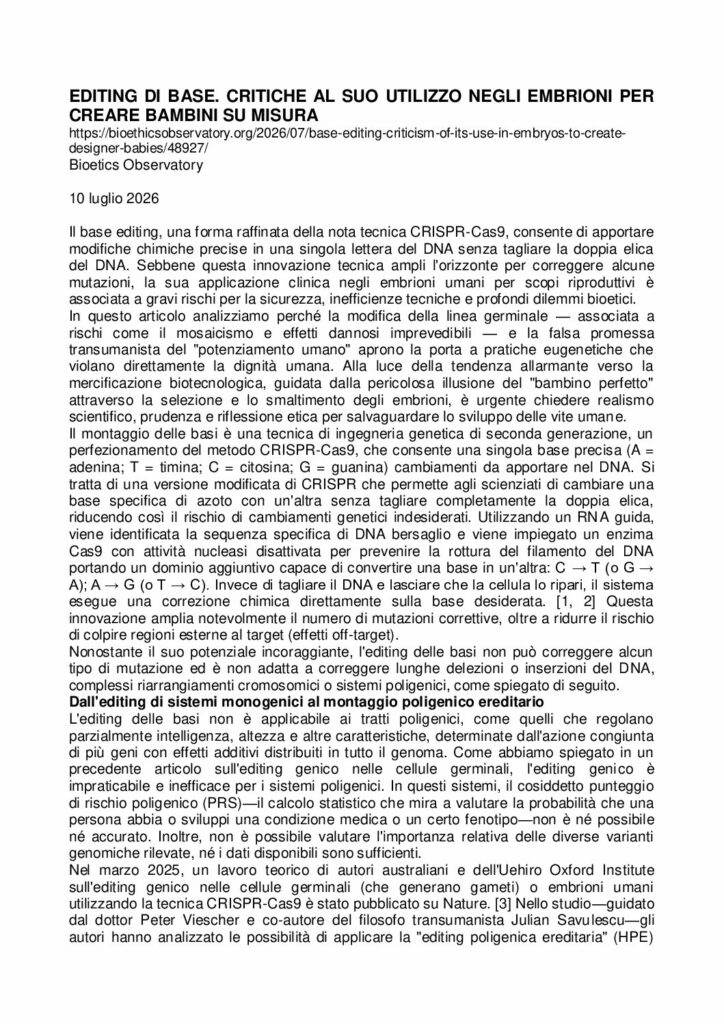 Tudela: EDITING DI BASE. CRITICHE AL SUO UTILIZZO NEGLI EMBRIONI PER CREARE BAMBINI SU MISURA – bioethicsobervatory.orgg