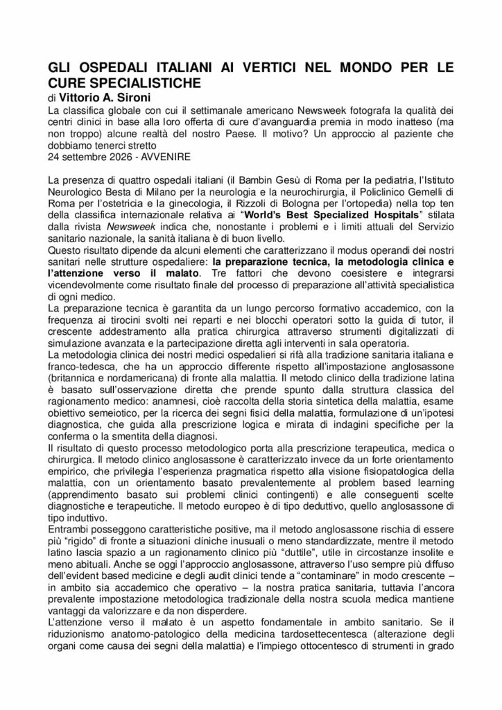 Sironi: GLI OSPEDALI ITALIANI AI VERTICI NEL MONDO PER LE CURE SPECIALISTICHE – Avvenire