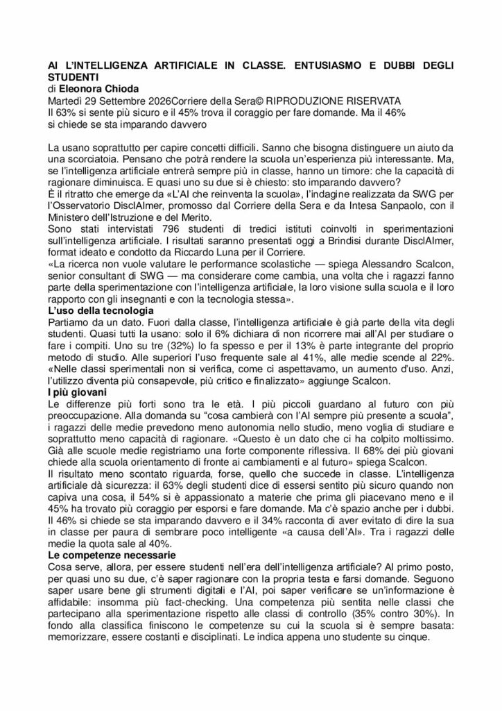 Chioda: AI L’INTELLIGENZA ARTIFICIALE IN CLASSE. ENTUSIASMO E DUBBI DEGLI STUDENTI – Corriere della Sera
