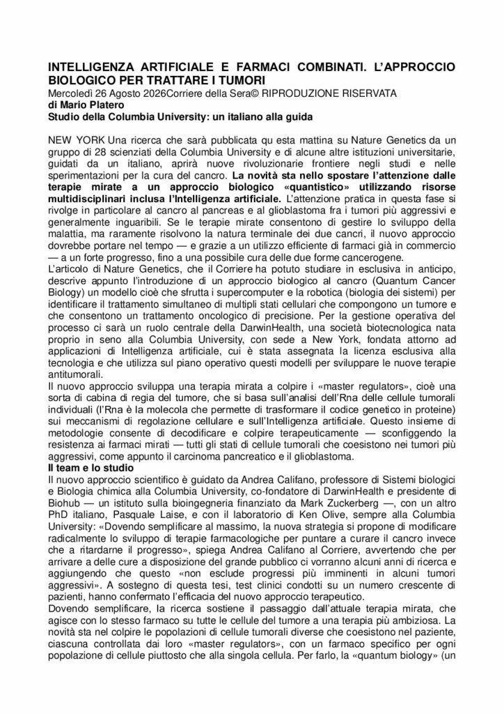Platero: INTELLIGENZA ARTIFICIALE E FARMACI COMBINATI. L’APPROCCIO BIOLOGICO PER TRATTARE I TUMORI – Corriere della Sera