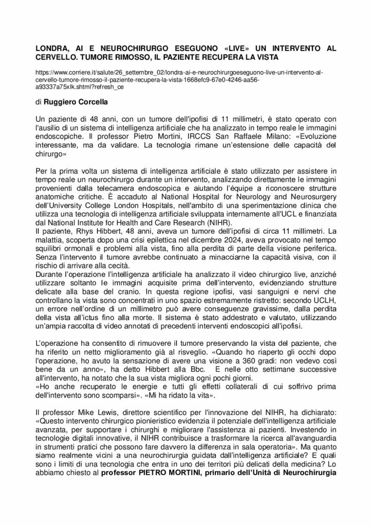 Corcella: LONDRA, AI E NEUROCHIRURGO ESEGUONO «LIVE» UN INTERVENTO AL CERVELLO. TUMORE RIMOSSO, IL PAZIENTE RECUPERA LA VISTA – Corriere della Sera