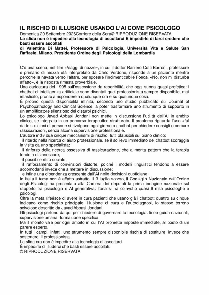 Di Mattei: IL RISCHIO DI ILLUSIONE USANDO L’AI COME PSICOLOGO – Corriere della Sera
