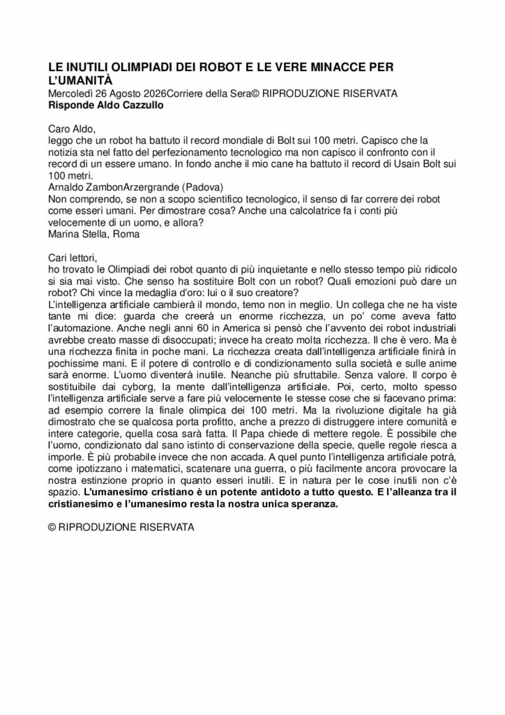 Cazzullo: LE INUTILI OLIMPIADI DEI ROBOT E LE VERE MINACCE PER L’UMANITÀ – Corriere della Sera