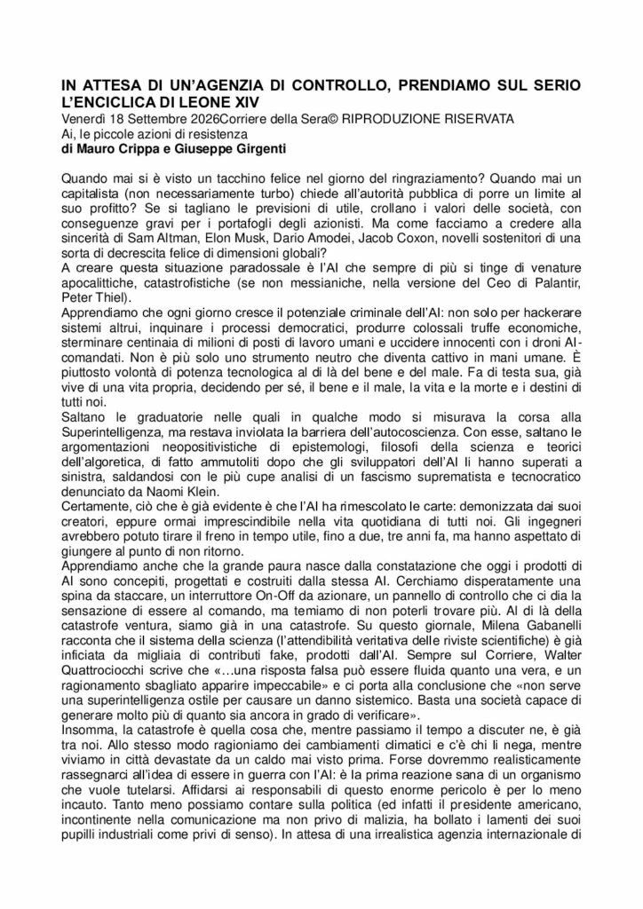 Crippa, Girgenti: IN ATTESA DI UN’AGENZIA DI CONTROLLO, PRENDIAMO SUL SERIO L’ENCICLICA DI LEONE XIV – Corriere della Sera