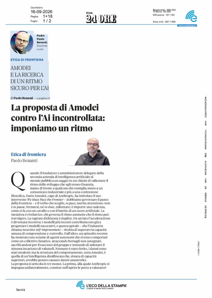 Benanti: La proposta di Amodei contro l’Ai incontrollata: imponiamo un ritmo – Il Sole 24ore