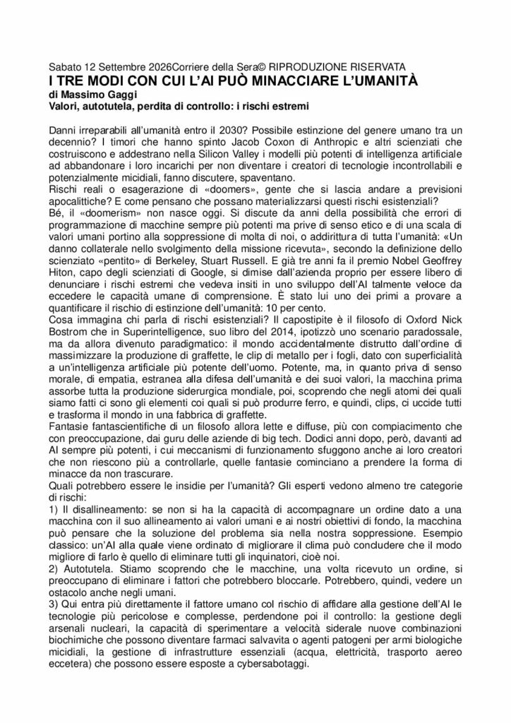 Gaggi: I TRE MODI CON CUI L’AI PUÒ MINACCIARE L’UMANITÀ – Corriere della Sera