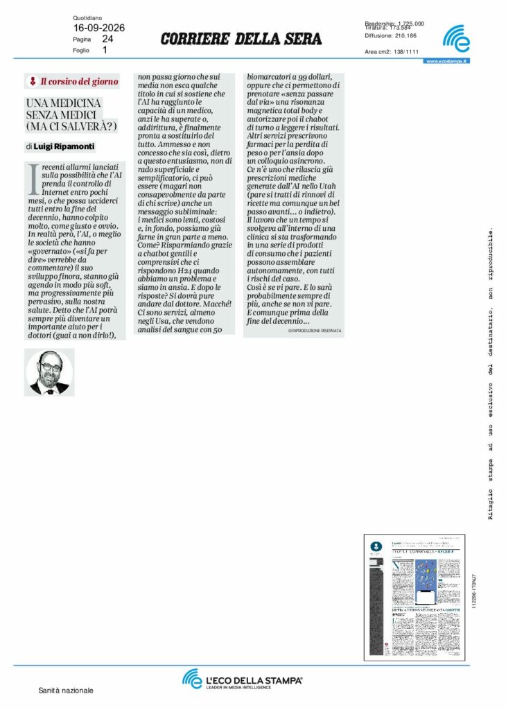 Ripamonti: UNA MEDICINA SENZA MEDICI (MA CI SALVERÀ?) – Corriere della Sera