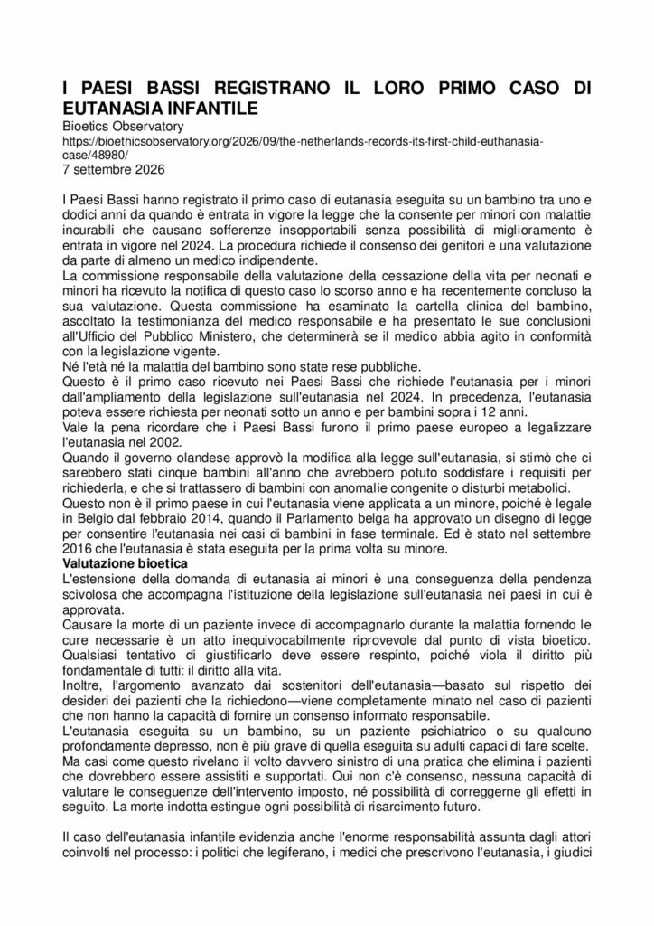 Tudela, Bosch: I PAESI BASSI REGISTRANO IL LORO PRIMO CASO DI EUTANASIA INFANTILE – bioethicsobervatory.orgg