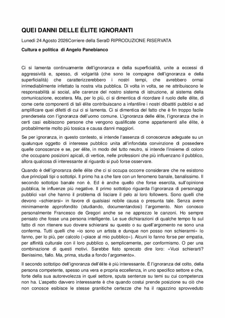 Panebianco: QUEI DANNI DELLE ÉLITE IGNORANTI – Corriere della Sera