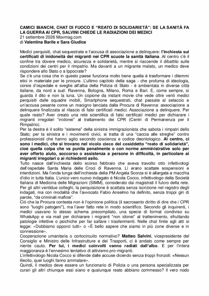 Barile, Giudice: CAMICI BIANCHI, CHAT DI FUOCO E “REATO DI SOLIDARIETÀ”: SE LA SANITÀ FA LA GUERRA AI CPR, SALVINI CHIEDE LE RADIAZIONI DEI MEDICI – movmag.com