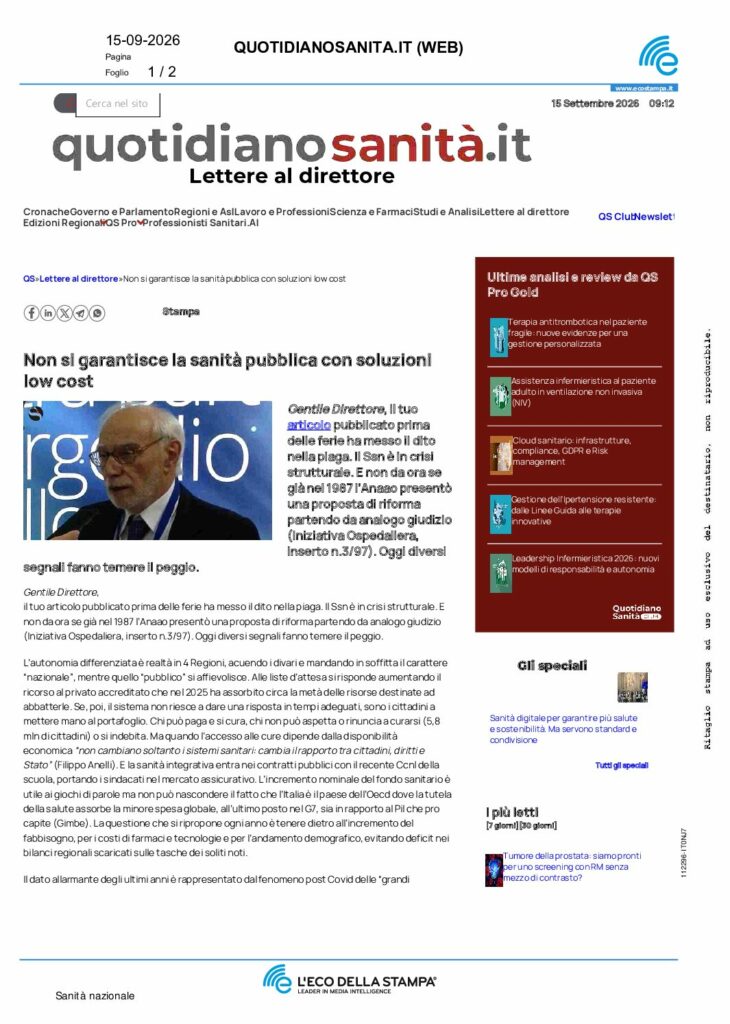 Troise: Non si garantisce la sanità pubblica con soluzioni low cost – quotidianosanita.it