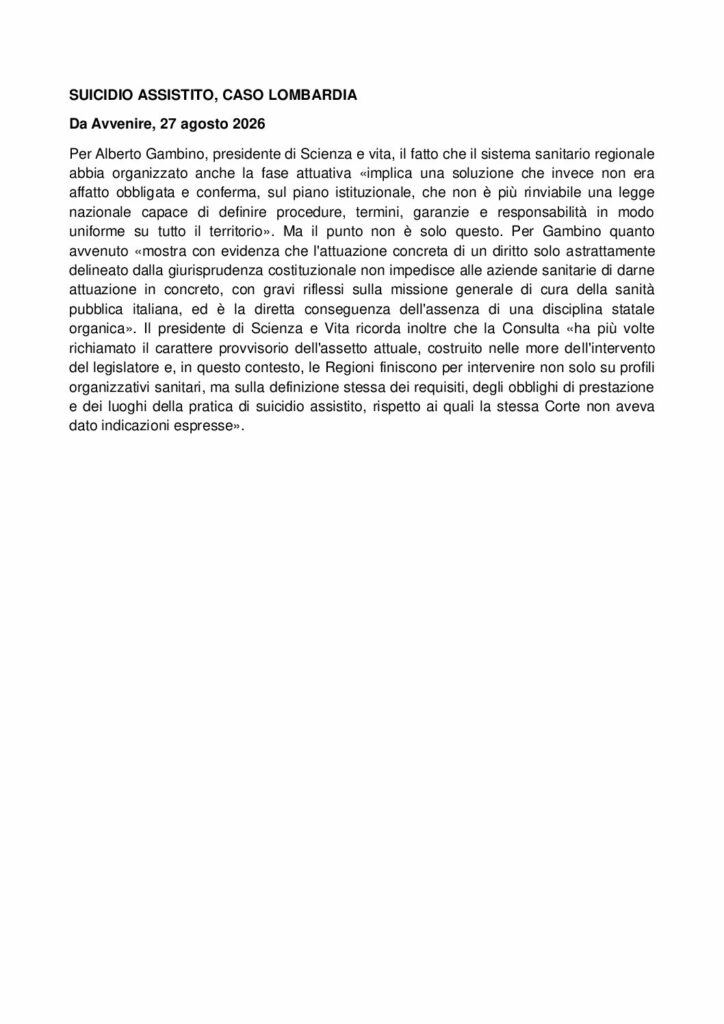 SUICIDIO ASSISTITO, CASO LOMBARDIA – Avvenire
