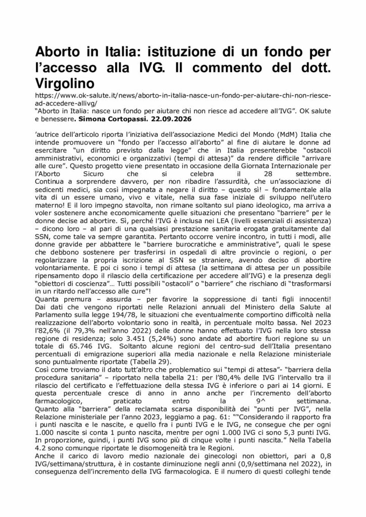Cortopassi: Aborto in Italia: istituzione di un fondo per l’accesso alla IVG. Il commento del dott. Virgolino – ok-salute.it